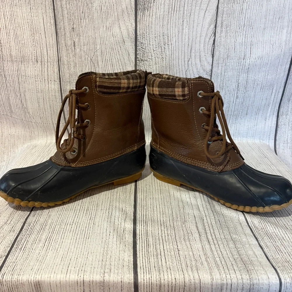 Women's Sporto Original Duck Boots Brown Leather Plaid Lined Lace Up Size 8‎